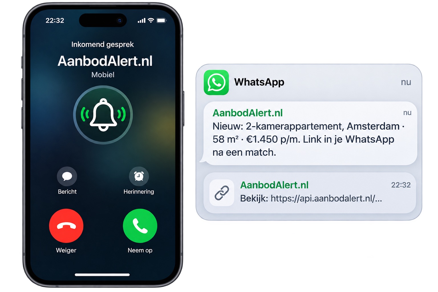 Voorbeeld: inkomend telefoontje van AanbodAlert naast WhatsApp-meldingen over een nieuw 2-kamerappartement in Amsterdam